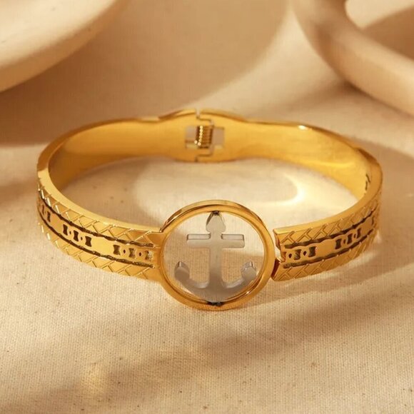 18k Gold Plated Stainless Steel Nautical Anchor Bangle Bracelet Dual Tone - Picture 1 of 10